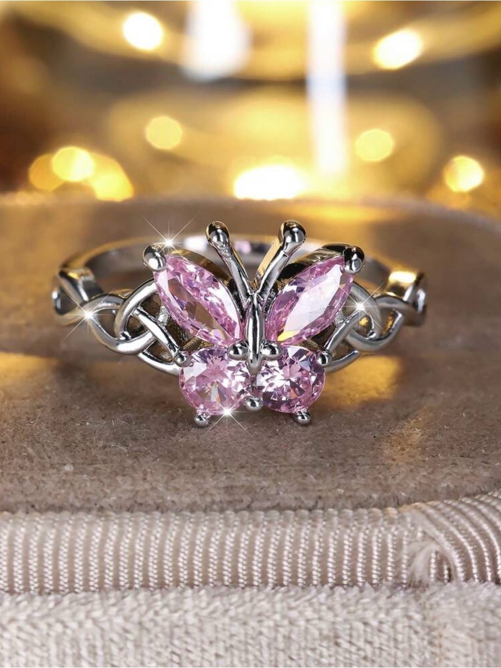 Pink Cubic Zirconia Butterfly Silver Celtic Knot Ring - Women Jewelry